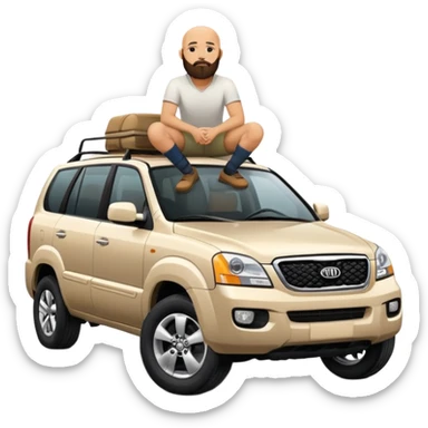 bald man with beard sitting on top of a Kia Mohave SUV sticker