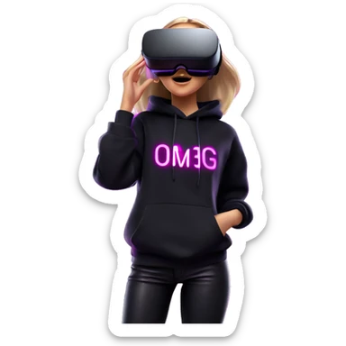 Russian girl wearing black hoody with violet letters "OMG", in vr headset oculus quest2. Dancing. Cyberpunk style. Violet neon. sticker