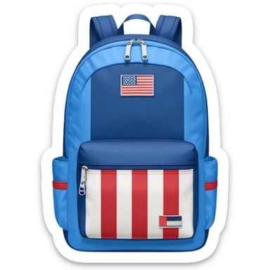 simple blue backpack, at the bottom pocket there is a  one tommyjeans logo featuring a Tommy Jeans-inspired logo. The logo looks like a vertically-striped American flag in red, white. The flag stripes are vertical, not horizontal. Flat

 sticker