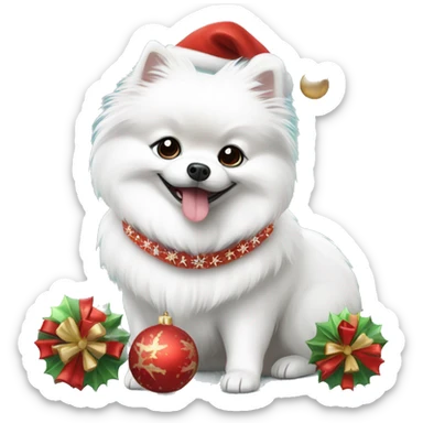 White dog Pomeranian spitz with Christmas decorations  sticker