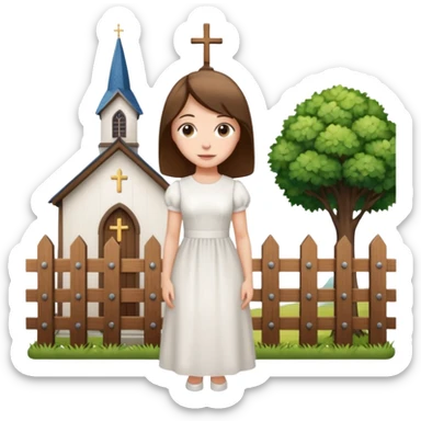 woman next to a church, surrounded by a fence sticker