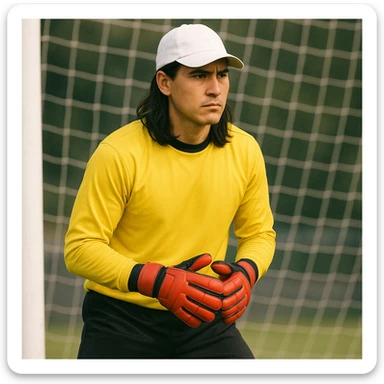 portero de fútbol con camiseta amarilla, gorra blanca, pelo largo negro, pantalón negro, guantes rojos y rostro serio, estilo realista simplificado sticker