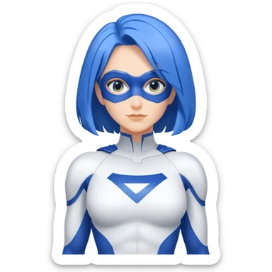 24x24 emoji close-up of a friendly woman with blue hair in a minimalist, saturated blue and white superhero suit. Large blank chest area for logo. Clean face with only eyes, nose, and mouth.  sticker