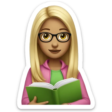 Girl with medium light skin, green eyes and long blonde hair and glasses reading a pink book sticker