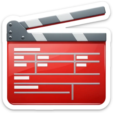 Glossy bright red clapperboard in the classic style of Apple icons: the top bar is tilted up-left, the body and bar with a deep glossy glare, dark gray edging, black background inside, perfectly square with rounded corners. sticker