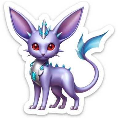 Mechanical Silvery Iridescent Miraidon-Espeon-Mewtwo-Vaporeon-Fakémon-hybrid-creature (full body)  with red eyes and intricate markings sticker