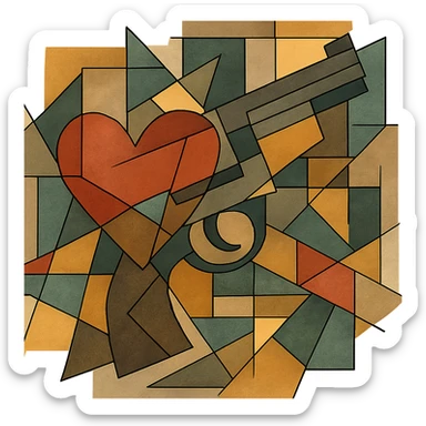 heart gun, cubist abstraction style, geometric shapes, abstract sticker