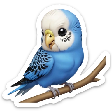 cinematic-cute-blue-budgie-portrait-emoji,-head-tilted-playfully-and-inquisitively,-featuring-a-brilliant-blue-feathered-fur-and white and black feathered face-with-a-natural-sheen,-round,-sparkling-dark-eyes-filled-with-curiosity,-simplified-yet-irresistibly-adorable sticker