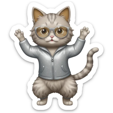 A cat with sparkly glasses dancing awkwardly on its hind legs.


















 sticker