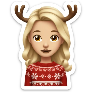 dark blond hairwd girl with christmas sweater and raindeer horns and no lipstick sticker
