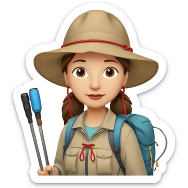 Middle aged women, long brown ponytail with wide brim hiking hat. With backpack and trekking poles. Backpack has a scallop shell with the cross of saint james hanging from it.  Remove the cross and add a scallop shell on a red string hanging from the backpack  sticker