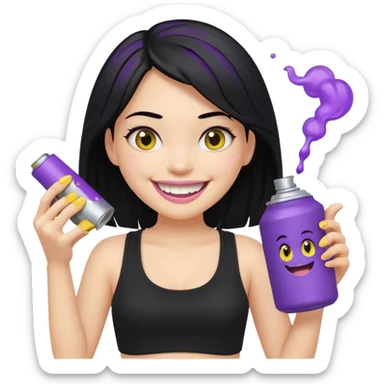 fair-skinned girl with beautiful black hair, wearing black crop top, big smile with yellow teeth, holding purple and silver spray can, genmoji emoji style, reference attached can sticker