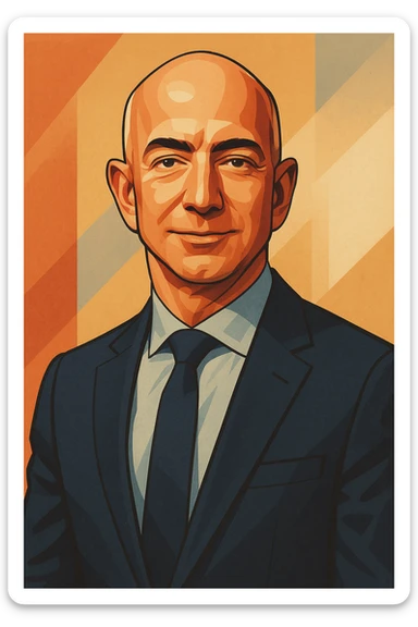 stylized portrait of Jeff Bezos, business attire, bald, confident expression, modern illustration style sticker