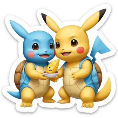  Pikachu has a light to share, but Squirtle has none. Pikachu sees this is unfair, so he shares the light with Squirtle. They smile and eat together. Show this as a cute Pokémon emoji scene about justice and fairness.

 sticker