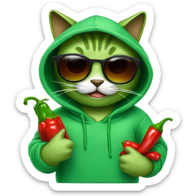 Green cat with sunglasses and wearing hoodie and eat chilli sticker