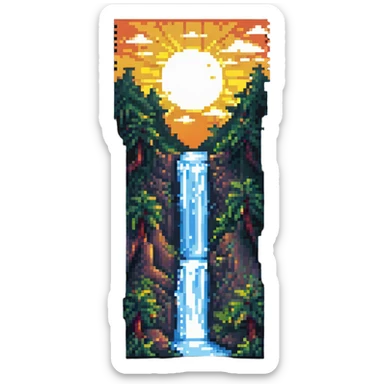 sunrise with a tall waterfall and mist, pixel art style sticker