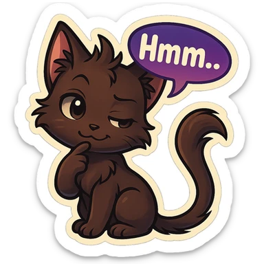 a dark-brown fluffy cute kawaii anime cat with tufted ears and a long thin tufted tail, thinking, smirking thoughtfully, saying “Hmm..” with a purple speech bubble, (cartoon style) (cute anime style) (furry style) (deviantArt style) (artist style: Kamirah) sticker