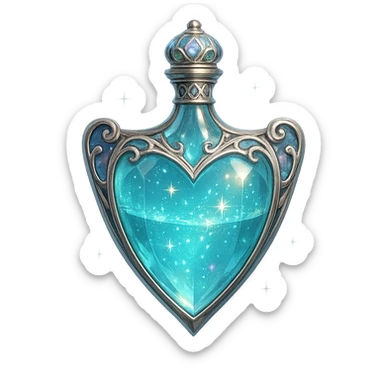 luxurious crystal elixir bottle in shield shape, elegant color palette, ornate silver and iridescent details, magical glowing and sparkling effects, very small neck, seamless bottom, transparent background, bottle clearly floating in air, no base or shadow, modern, collection style sticker