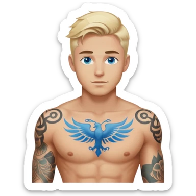 Handsome shirtless blonde hair and blue eyes white guy with body tattoos sexy pose sfw sticker