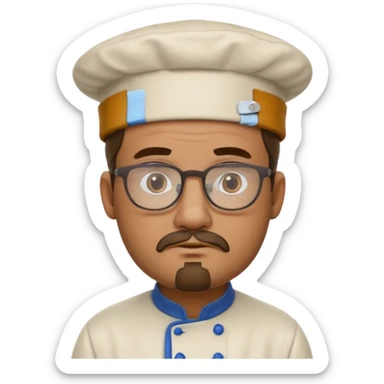 A cook with a pork pie hat, glasses, and goatee. He has a serious expression sticker