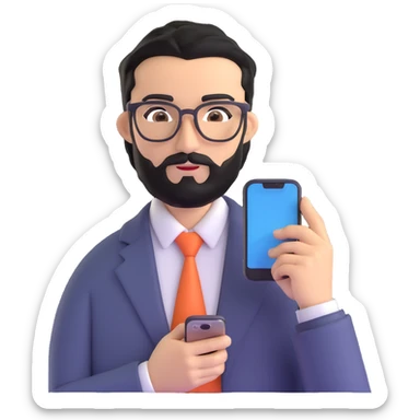 same professional man with medium black beard, neat black hair, connected unibrow, olive tan skin, brown eyes, glasses, prominent nose, in business casual attire, looking at mobile phone screen sticker