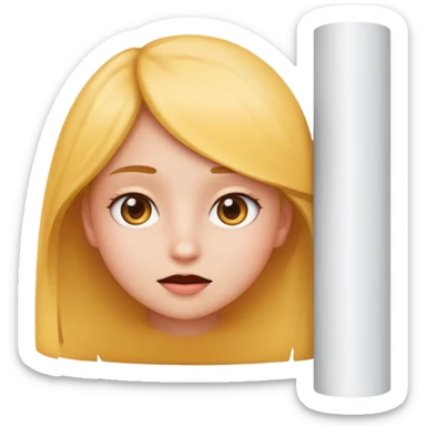 close up of a girl holding a white poster in front, with the girl peeking from the side of the poster, emoji style sticker