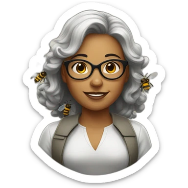 a strong women with round glasses, with bees sticker