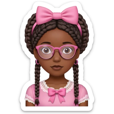 A black girl with short braids wearing a pink top with lace, with a pink bow in her hair and with glasses sticker