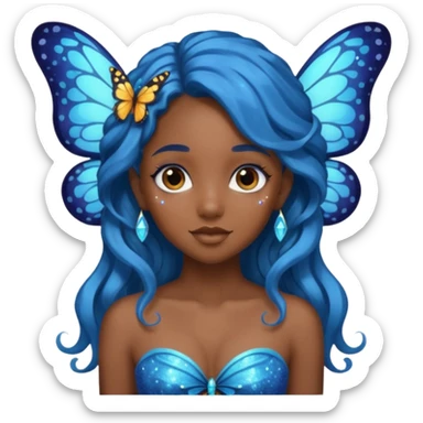 Black girl fairy with long wavy blue hair butterfly wings sparkly sticker