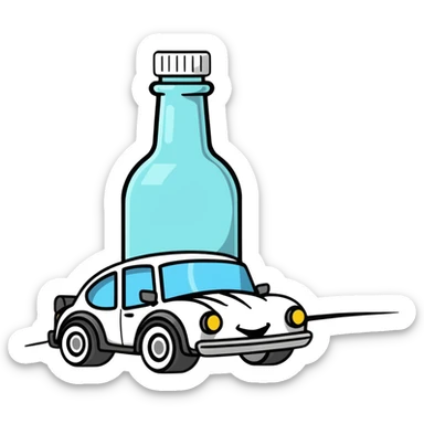 cartoonish icon of a car with wobbly motion lines and a bottle, representing drunk driving sticker