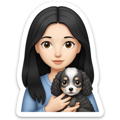 A girl with long straight hair holding a small gray curly dog sticker