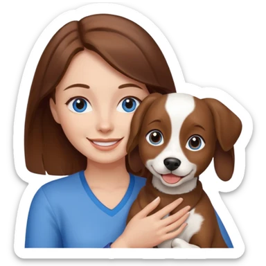 Blue eyes brown haired woman holding a brown and white dog sticker