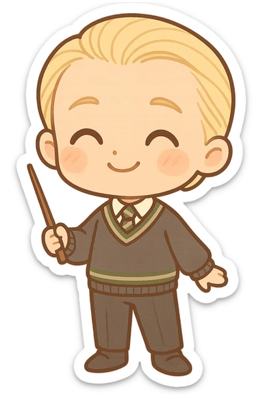 Chibi kawaii Draco Malfoy with exaggerated proportions (big head, small body), clean lines and dark brown thin outline, happy expression with closed arched eyes, subtle smile, rosy cheeks. Classic Slytherin uniform: dark gray sweater with green and silver stripes, white shirt, green/silver striped tie, dark dress pants, black socks and shoes. Holding wand. Light blonde, straight hair combed back. Warm, earthy, pastel palette, light cel shading, neutral or transparent background. sticker