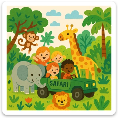 hand drawn digital illustration of jungle safari in the style of children's illustration sticker