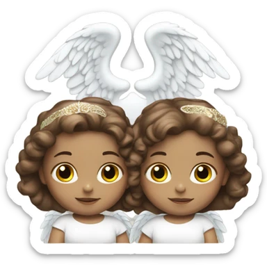 2 twin baby girls with brown hair with a halo and angel wings. make their skin white sticker