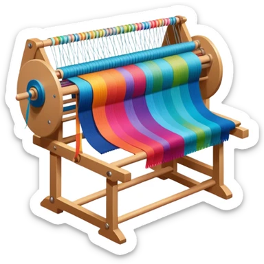 Weaving icon, loom with colorful fabric being woven, visible shuttle, spools of yarn, fabric swatches, sewing patterns, and finished clothes, minimalistic style, clean lines, transparent background. sticker