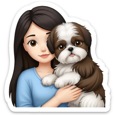 A girl with black highlighted long hair hugging a Shih Tzu dog sticker