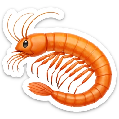 five dried shrimp, curled, visible texture, legs, antennae, dry translucent surface, pale orange to light reddish-brown, sun-dried, no bowl, packaging, or faces, clean 3D, soft lighting, transparent background, emoji scale sticker