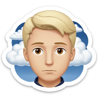 Expressive ,Blond man with brown eyes,contemplative , cartoon style,navy-blue, background has thought clouds elegant  sticker