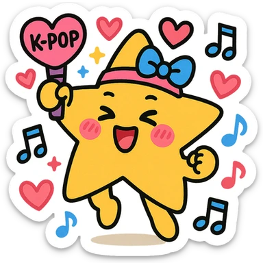 kpop fan star with hearts and music notes, playful sticker