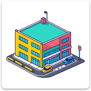 Isometric supermarket building exterior with colorful facade, parked cars, and entrance area sticker