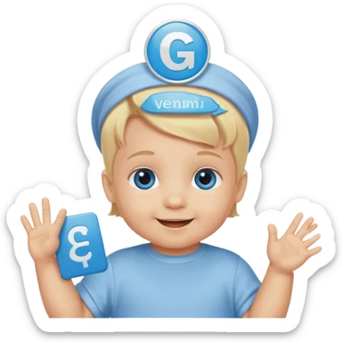 A baby Caucasian blond hair blue eyed infant with a genius sign over it’s head sticker