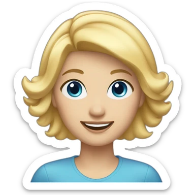 Blonde woman with medium short hair, blue eyes, waving hi to the camera sticker