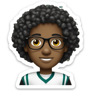 white kid witj black curly hair with white clear glasses  wearing eagles jersey  sticker