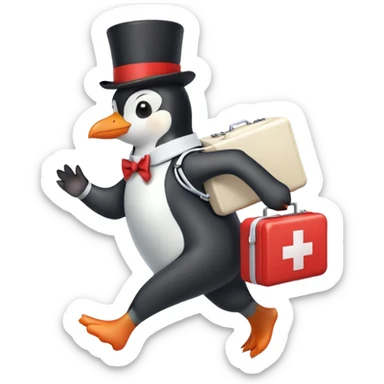 side view of a doctor penguin running with a top hat holding a first aid medical box with a red cross sticker