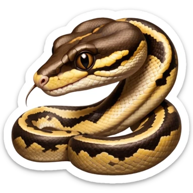 A photo-realistic digital illustration of a Ball Python, large headshot portrait. The snake has a short, rounded snout, smooth contours, and a calm, curious expression. Its head is warm brown with bold, irregular dark markings, including the signature “alien-head” pattern.  sticker