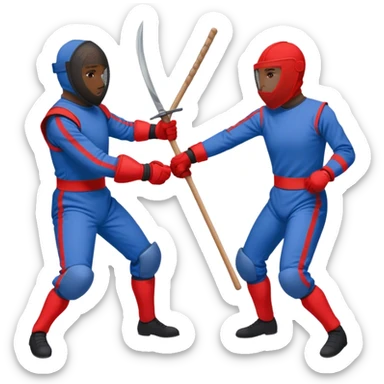 Fencing but with sticks, mesh over heads, one red and one blue, red attacking and blue defending sticker