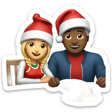 emoji Sports couple , a man and a woman in sportswear, sitting at the Christmas dinner table with a red Christmas hat sticker