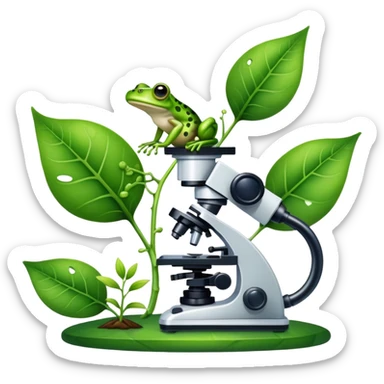An icon featuring a DNA strand, a microscope, and a green leaf, symbolizing biology. The design includes animal cells, plant structures, and a frog, representing the study of living organisms and ecosystems. Transparent background highlights life sciences and biological research. sticker