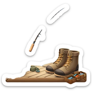 Icon for Fishing Travel: a fishing rod, tackle box, boots, and a boat by a serene lake, with fish jumping out of the water and surrounded by lush nature. The icon should capture the peaceful and adventurous spirit of fishing trips. Transparent background. sticker